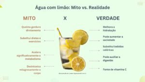 Infográfico educativo comparando mitos e realidades sobre os efeitos da água com limão no emagrecimento e saúde.