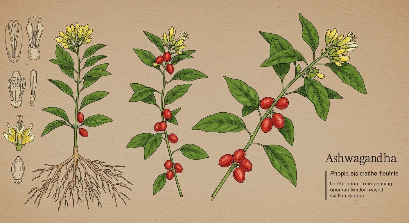 Planta de Ashwagandha com raízes medicinais para redução do estresse e benefícios para saúde