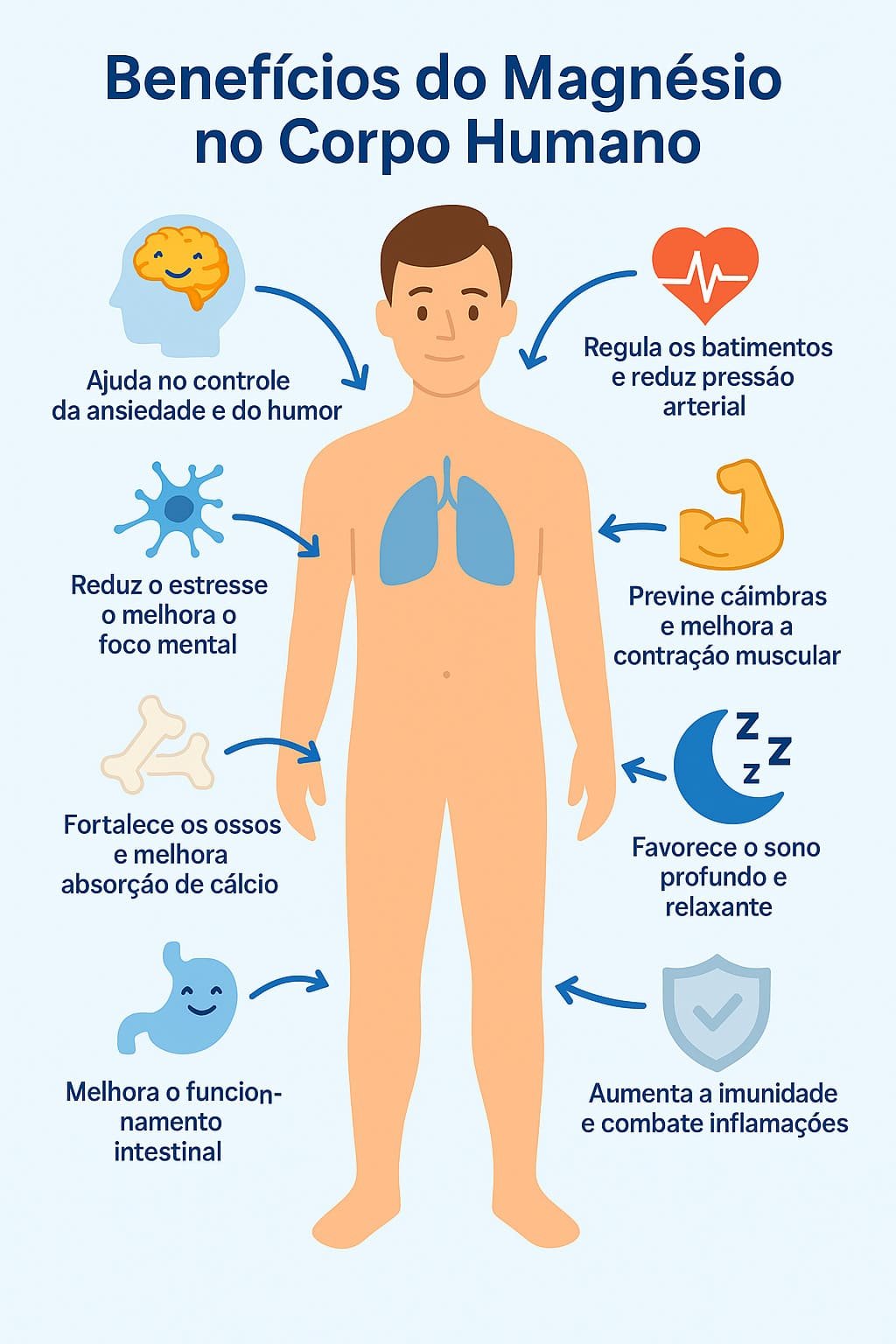 Ilustração com áreas do corpo beneficiadas pelo magnésio, como coração, cérebro, ossos e músculos.