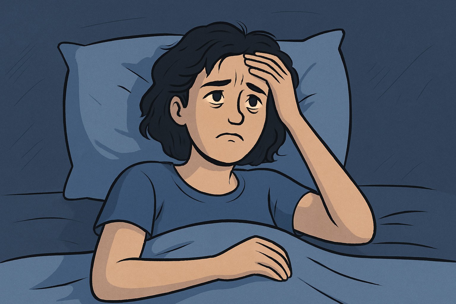 Pessoa com insônia devido ao estresse, deitada na cama. Estresse e sono de qualidade