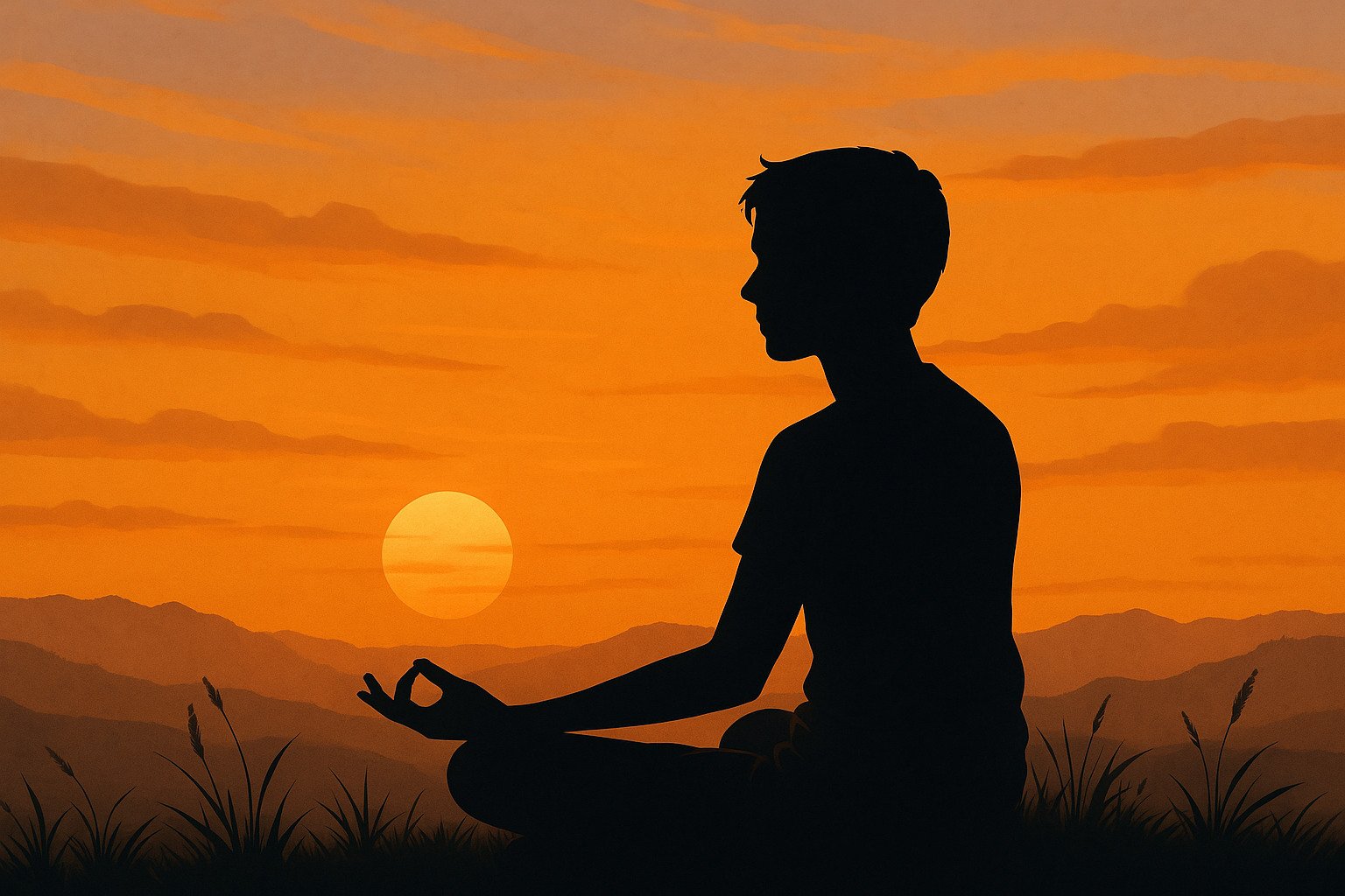 Pessoa praticando meditação ao pôr do sol para relaxar a mente e o corpo.
