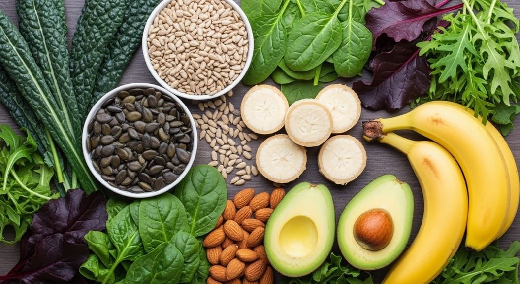 Montagem colorida de alimentos ricos em magnésio e potássio - sementes, folhas verdes, bananas e abacate