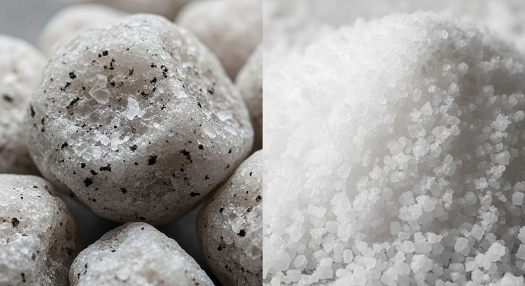 Comparação macro entre cristais de sal céltico e sal refinado - diferenças nos minerais para hidratação