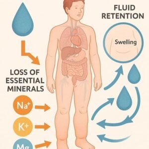 Ilustração explicando a relação entre hidratação correta, minerais essenciais e retenção de líquidos no corpo humano.